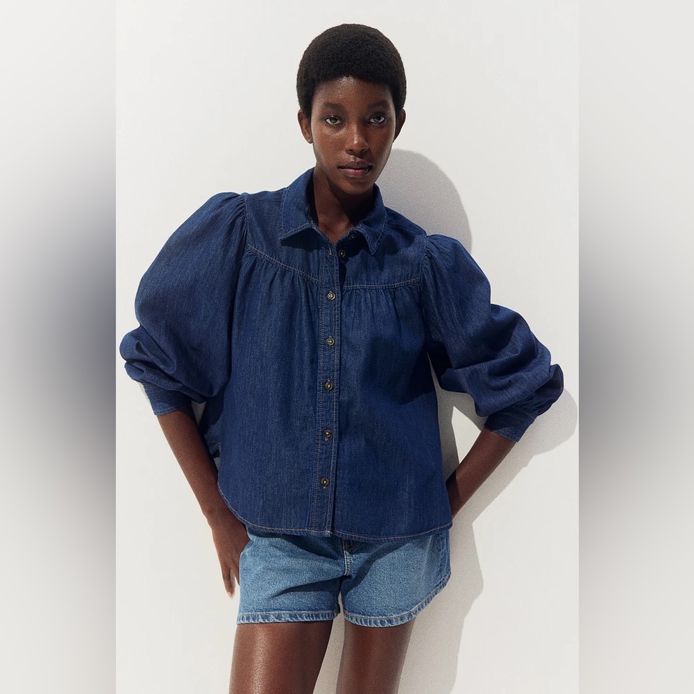 H&M Puff Sleeve Denim Blouse